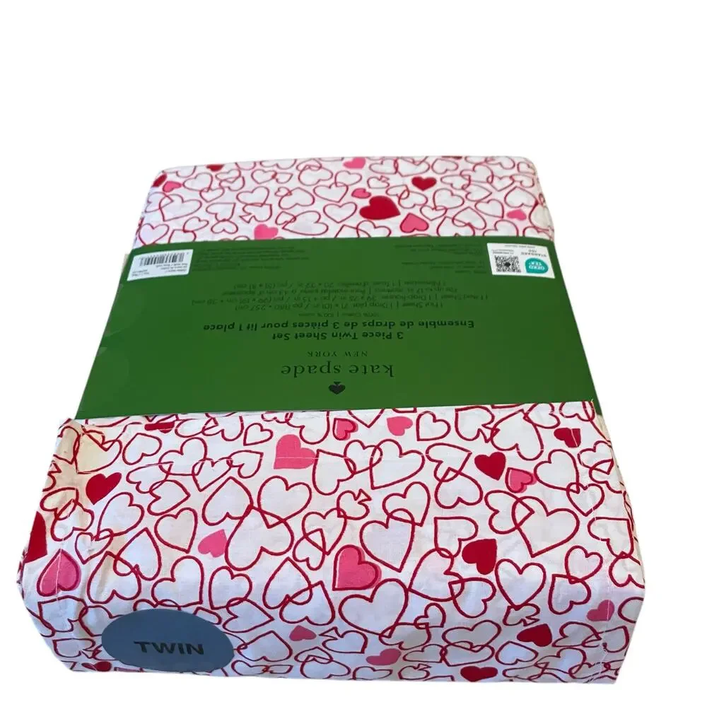 KATE SPADE Valentine's Day Pink Red Outline Hearts TWIN Cotton Sheet Set New